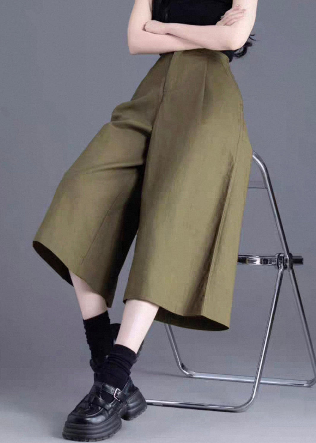 Wide Leg Pants Linen Waist Solid Green High Button FashionChic