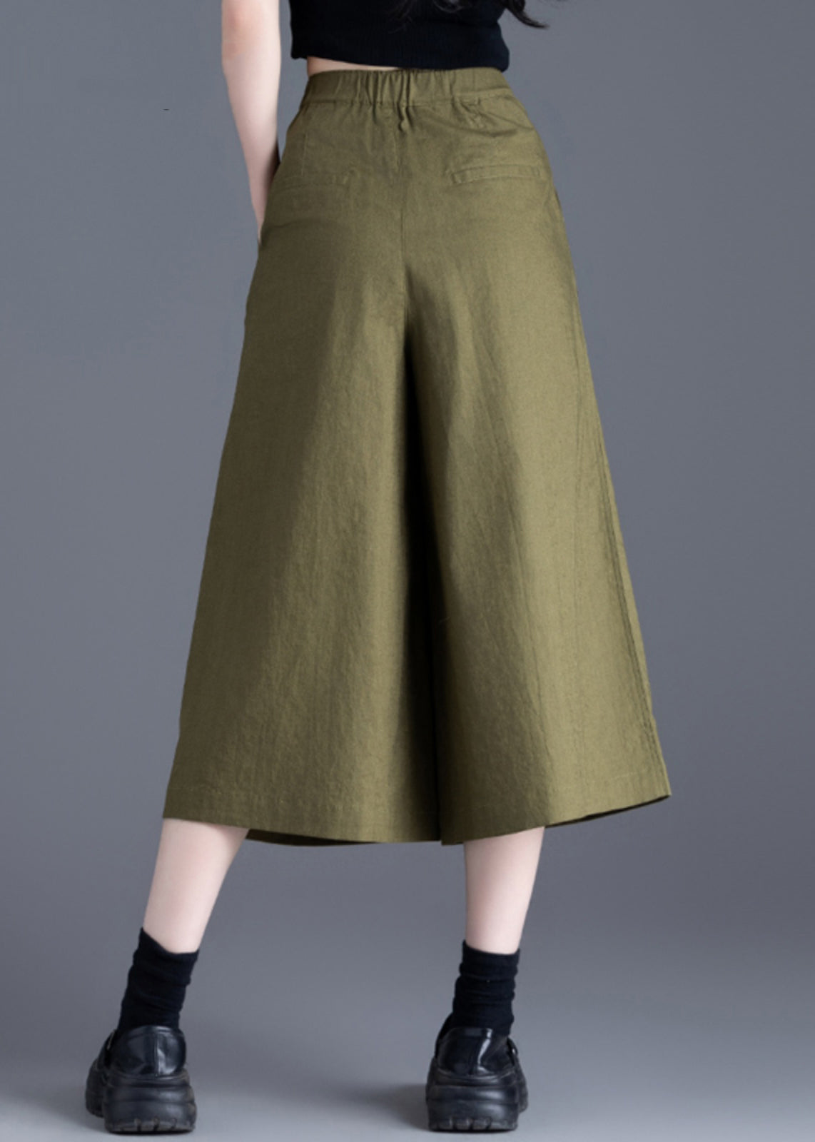 Wide Leg Pants Linen Waist Solid Green High Button FashionChic