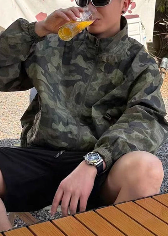 Up Zip Ice Collar Green Camouflage Mens Silk Stand Coats Summer FashionChic