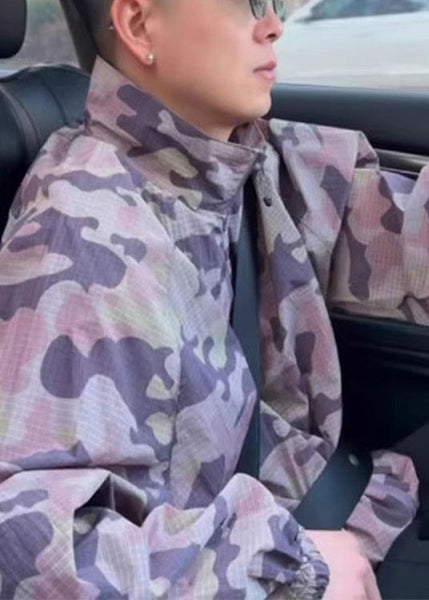 Up Zip Ice Collar Green Camouflage Mens Silk Stand Coats Summer FashionChic