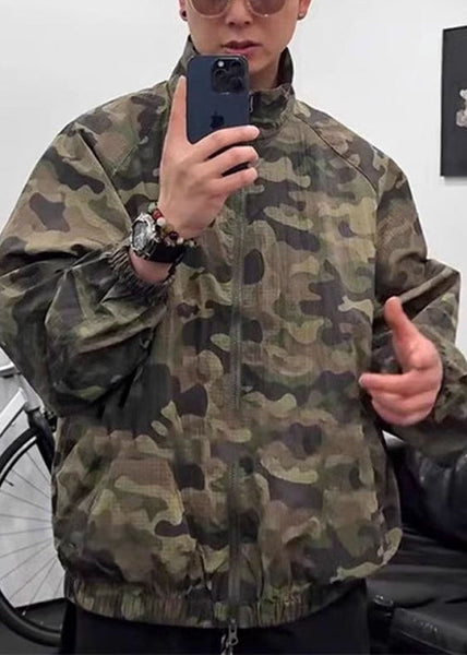 Up Zip Ice Collar Green Camouflage Mens Silk Stand Coats Summer FashionChic