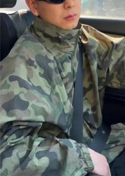 Up Zip Ice Collar Green Camouflage Mens Silk Stand Coats Summer FashionChic