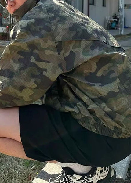 Up Zip Ice Collar Green Camouflage Mens Silk Stand Coats Summer FashionChic