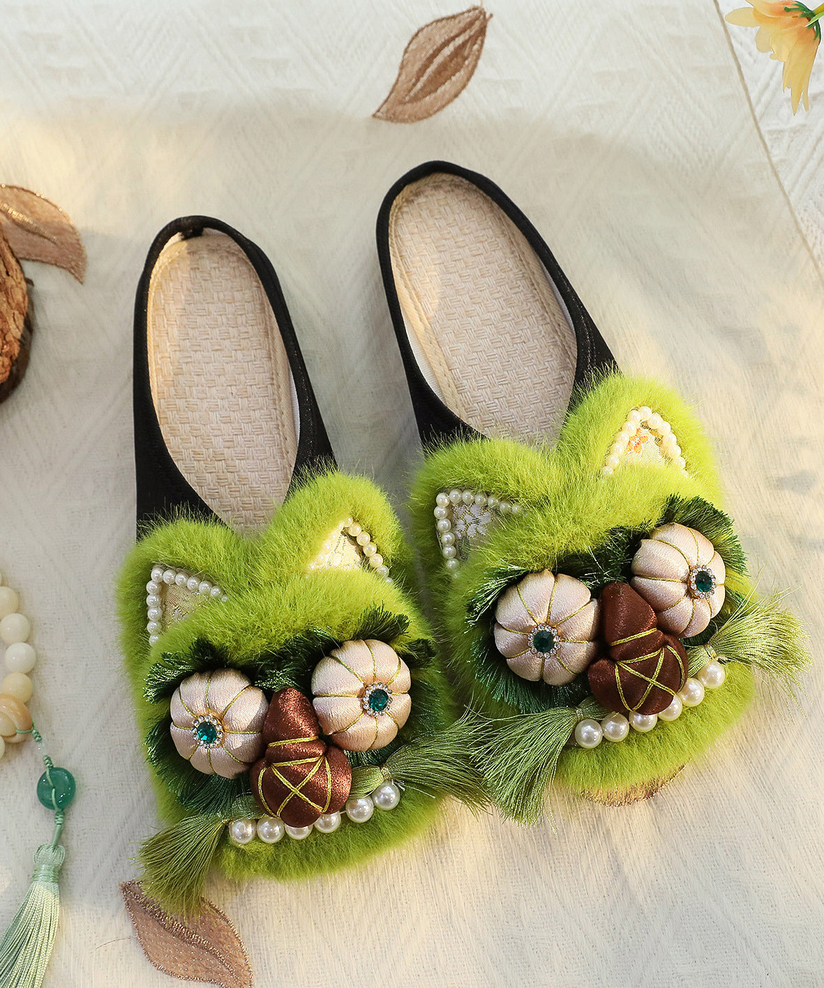 Green Chinese Style Cotton Fabric Slippers Shoes Nail Bead TQ047 ABC