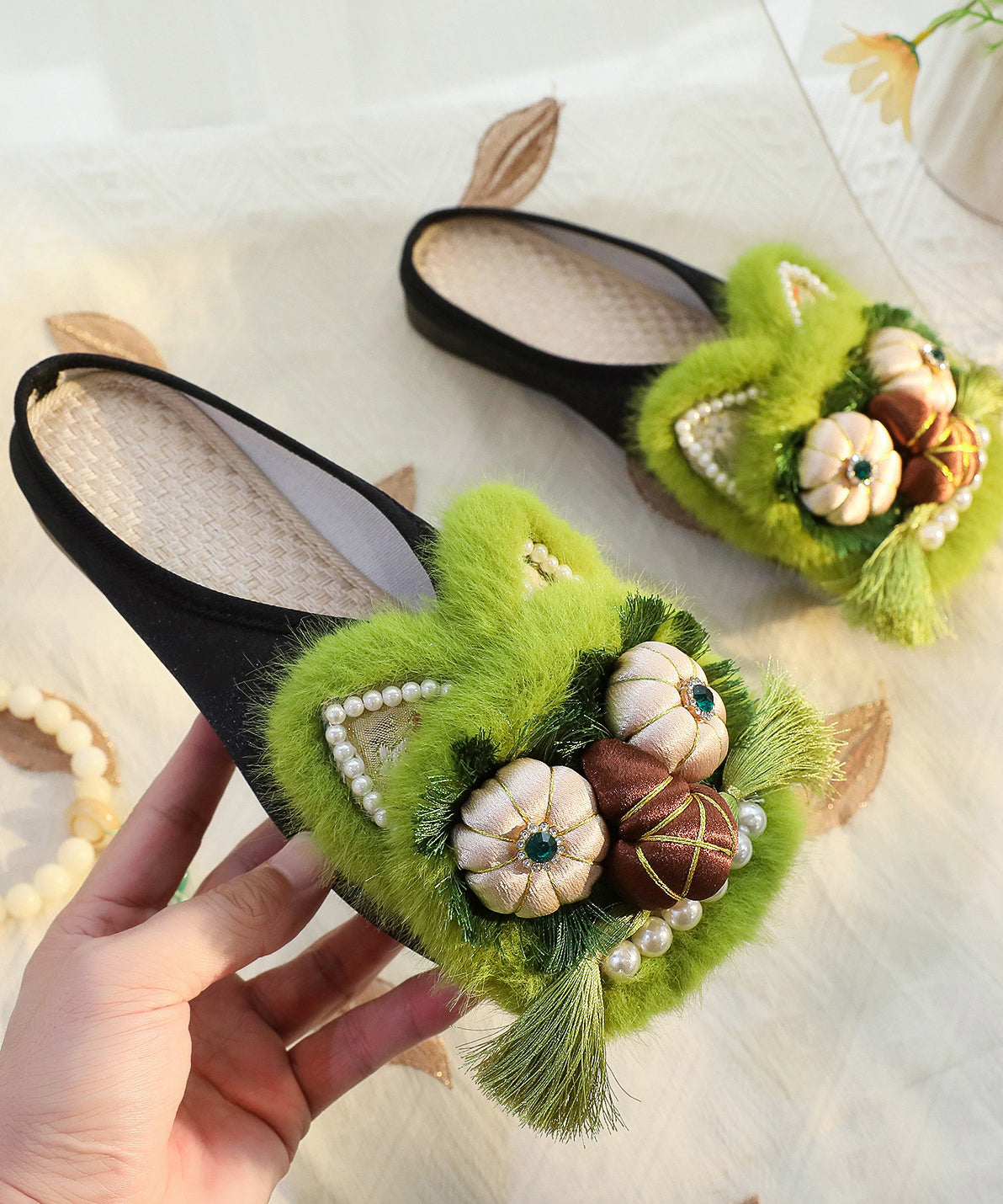 Green Chinese Style Cotton Fabric Slippers Shoes Nail Bead TQ047 ABC