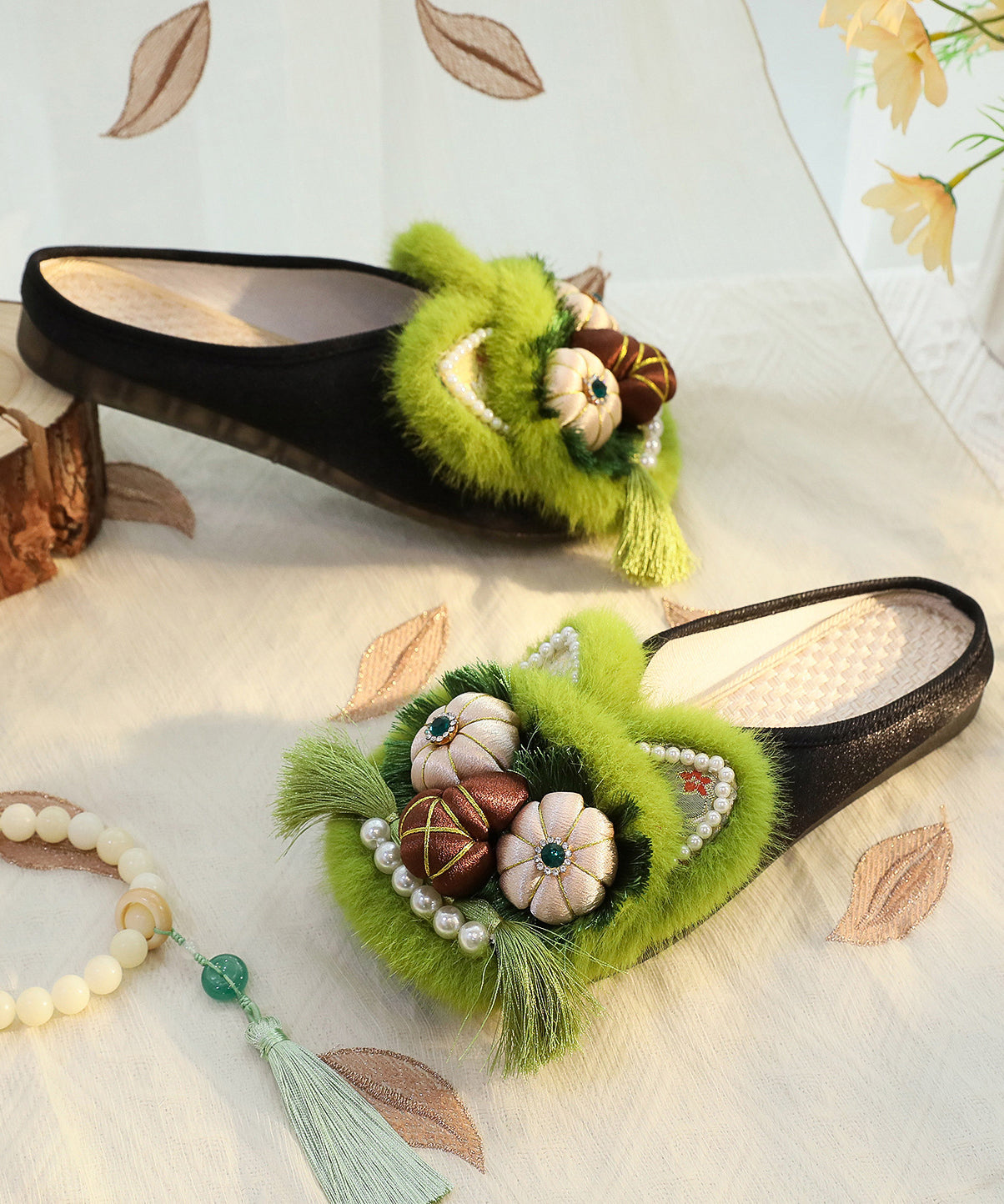 Green Chinese Style Cotton Fabric Slippers Shoes Nail Bead TQ047 ABC