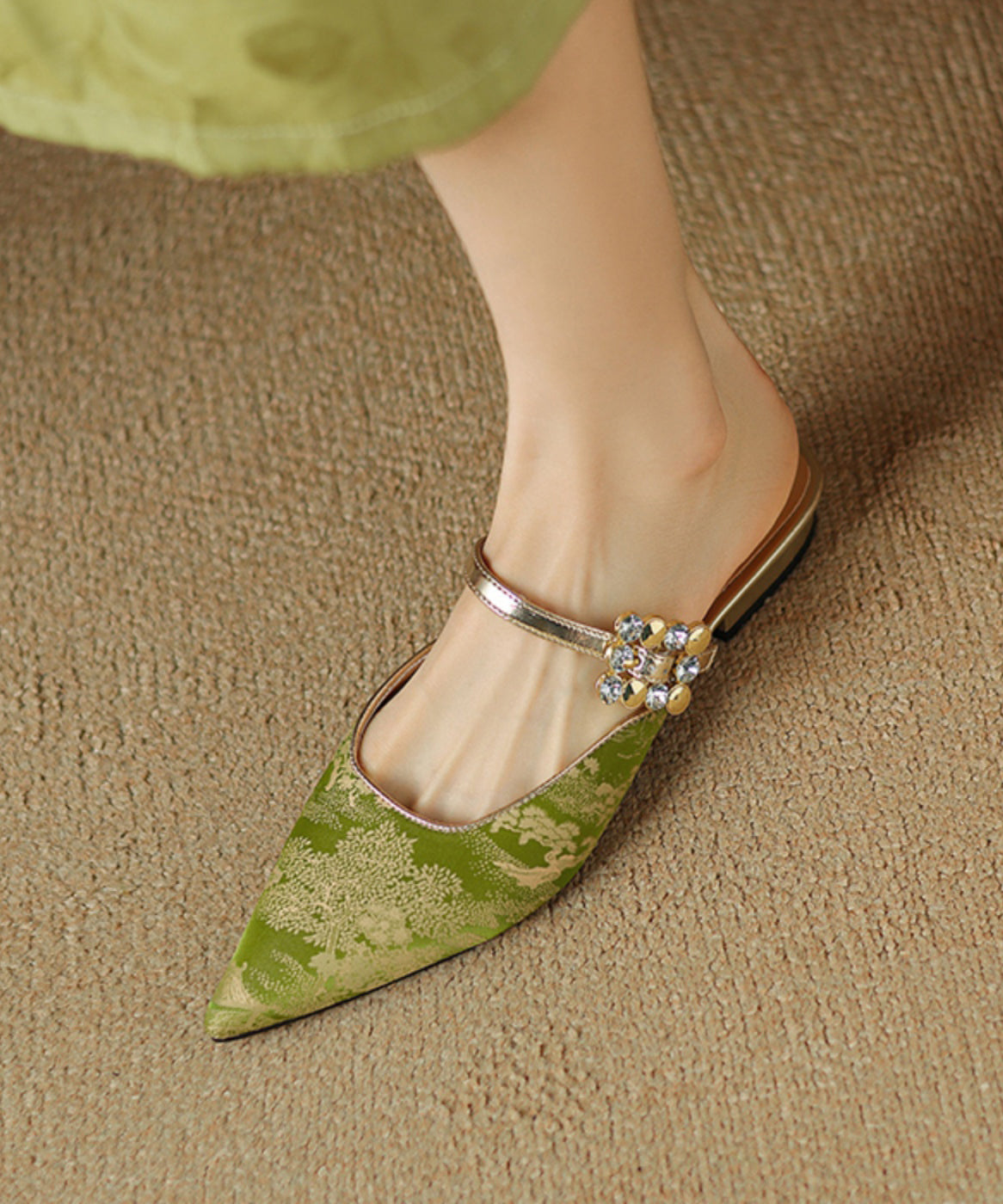 Green Chinese Style Splicing Zircon Slide Sandals Pointed Toe WT001 shoe-LT241030