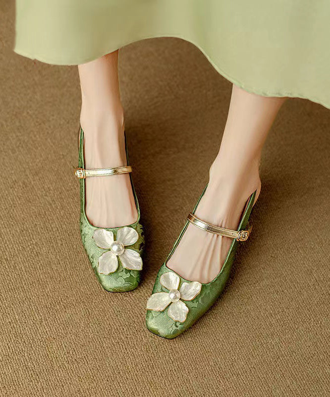 Green Chunky Chinese Style Floral Buckle Strap Splicing Sandals OI028 shoe-LX240801