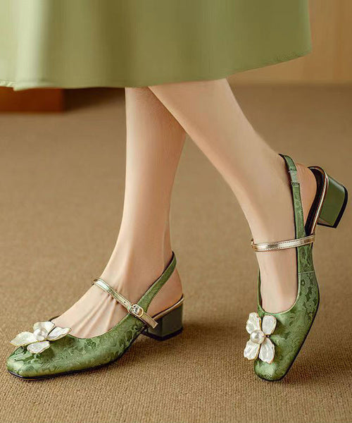 Green Chunky Chinese Style Floral Buckle Strap Splicing Sandals OI028 shoe-LX240801