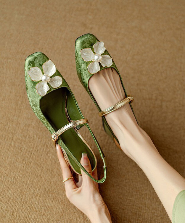Style Chunky Leather Faux Sandals Green Floral New Chinese FashionChic