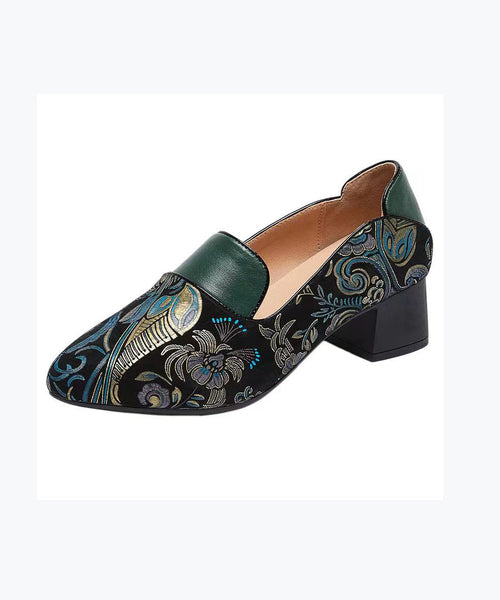 Green Chunky Heel Boho Vintage Embossed Splicing XC1027 Ada Fashion