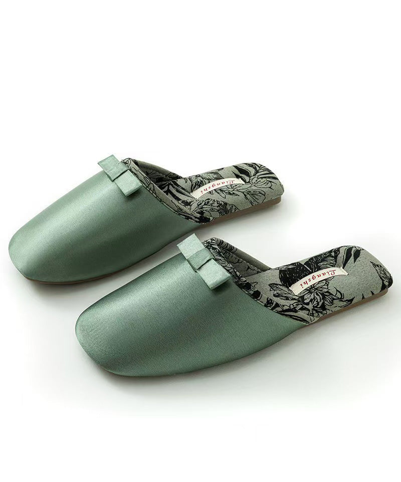 Green Comfortable Satin Slippers Shoes Splicing Bow TE013 ABC