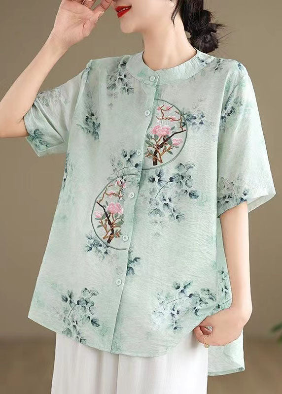 Green Cotton Top Embroidered Stand Collar Button Summer AP056 GK-STP240718