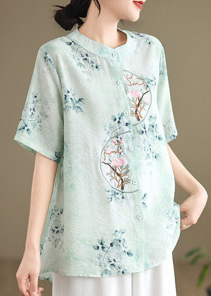 Green Cotton Top Embroidered Stand Collar Button Summer AP056 GK-STP240718