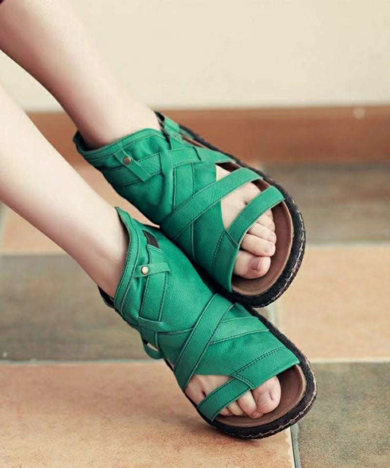 Green Cowhide Leather Retro Splicing Best Flat Sandals Hollow Out JJ068 Shoe-LX240609