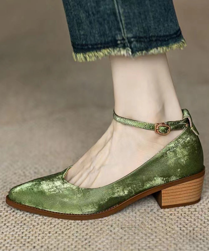 Green Faux Leather Loafers For Women Splicing Buckle Strap WB008 ABC