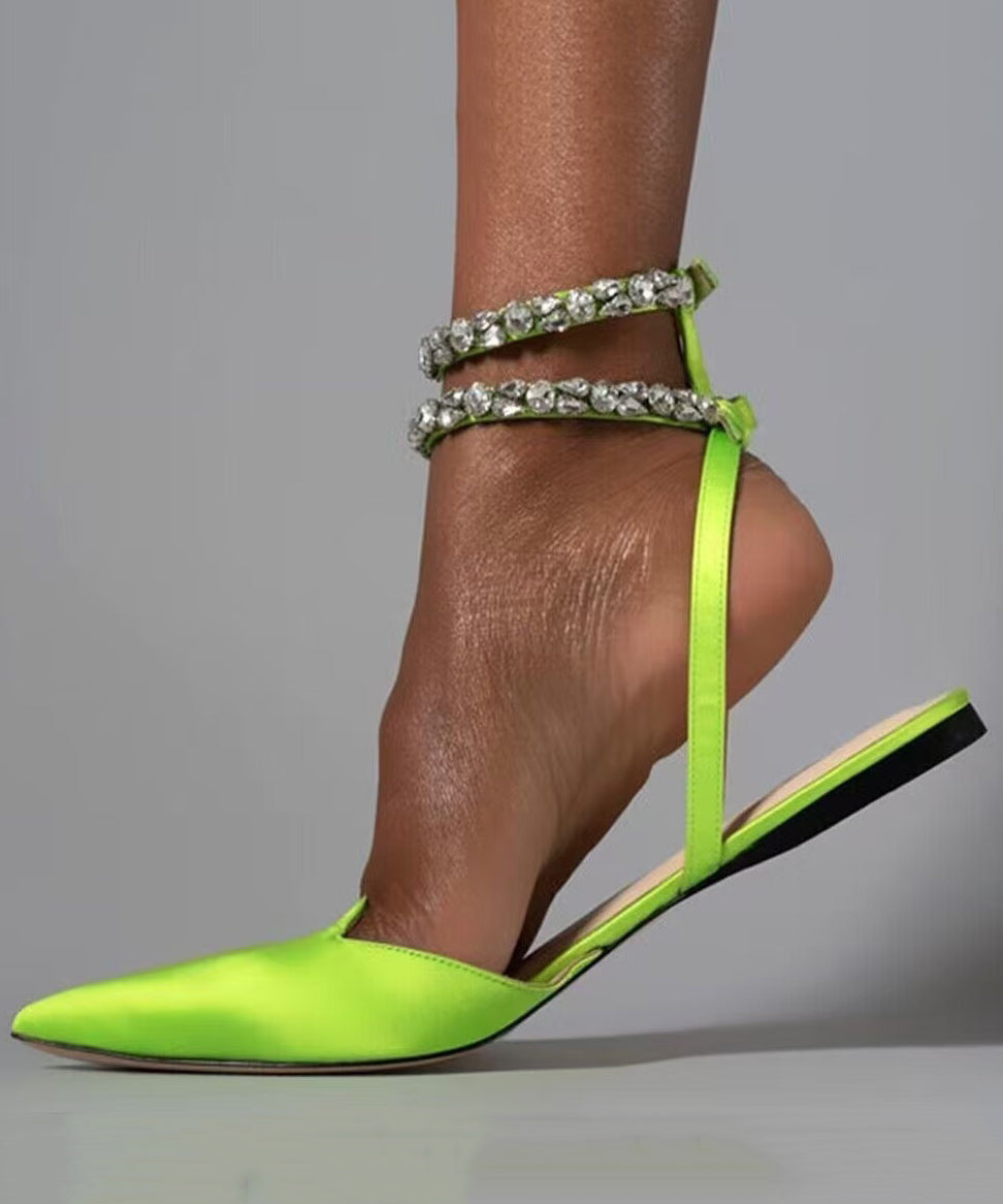 Style American Green Splicing Zircon Flat Toe Pointed Sandals FashionChic