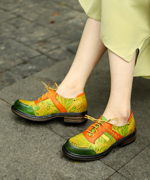 Green Flats Chunky Sheepskin Art Splicing Cross Strap Embossed CZ1037 Ada Fashion