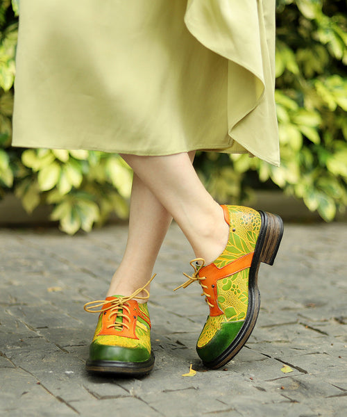 Green Flats Chunky Sheepskin Art Splicing Cross Strap Embossed CZ1037 Ada Fashion