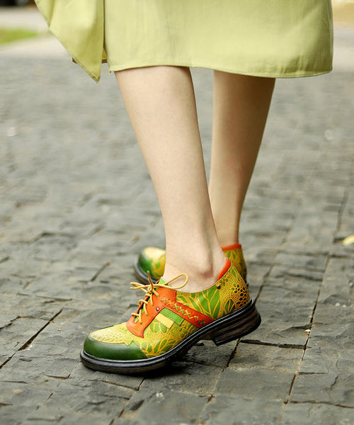 Green Flats Chunky Sheepskin Art Splicing Cross Strap Embossed CZ1037 Ada Fashion