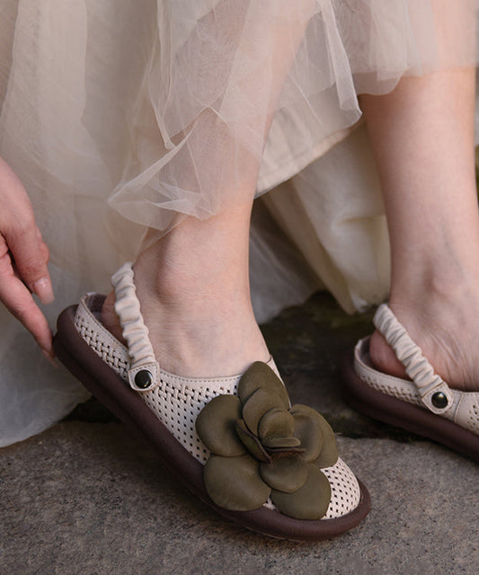 Hollow Green Leather Cowhide Flat Comfy Out Sandals Floral FashionChic