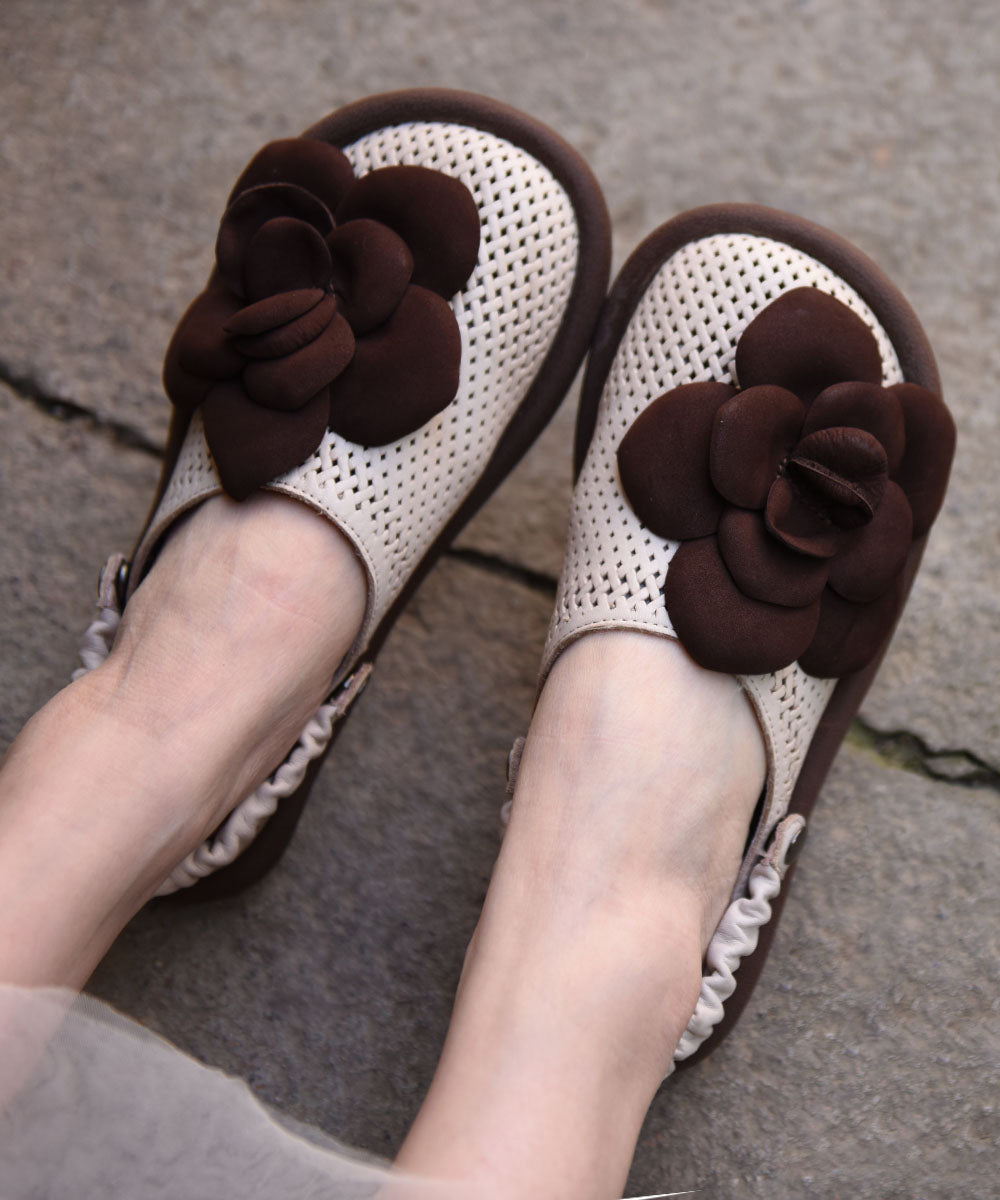 Hollow Green Leather Cowhide Flat Comfy Out Sandals Floral FashionChic