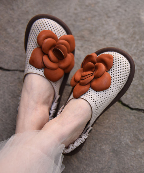 Hollow Green Leather Cowhide Flat Comfy Out Sandals Floral FashionChic