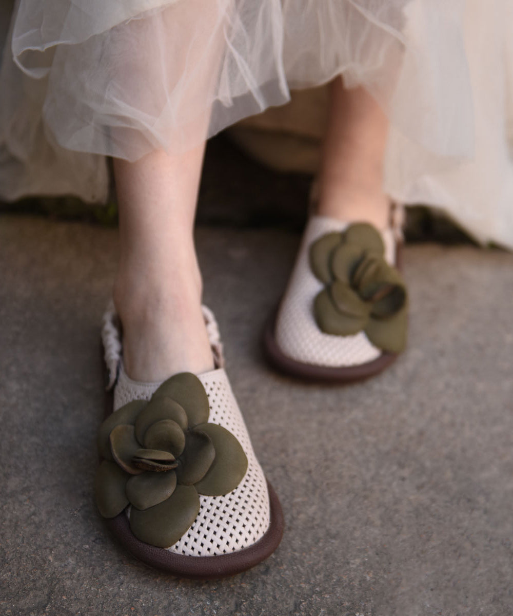 Hollow Green Leather Cowhide Flat Comfy Out Sandals Floral FashionChic