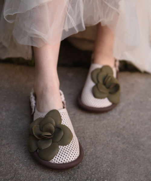 Hollow Green Leather Cowhide Flat Comfy Out Sandals Floral FashionChic