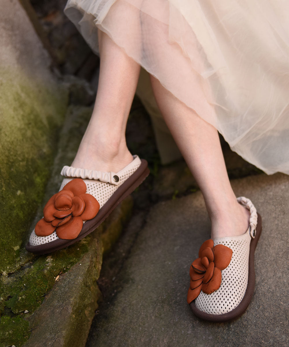 Hollow Green Leather Cowhide Flat Comfy Out Sandals Floral FashionChic