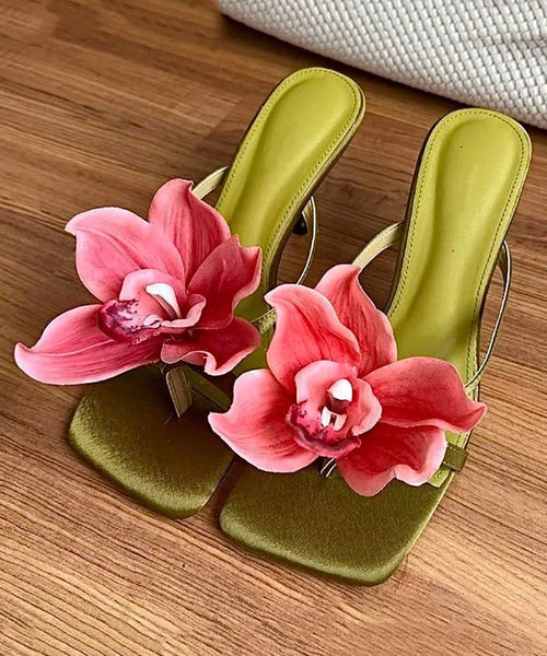 Handmade Sandals Floral Slide Heels Splicing Green High FashionChic