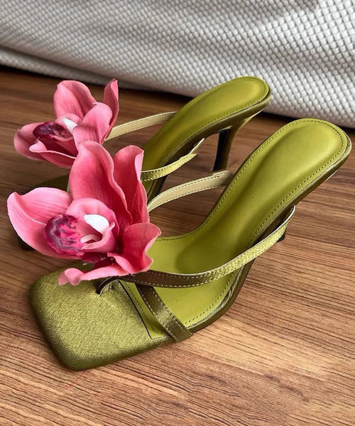 Handmade Sandals Floral Slide Heels Splicing Green High FashionChic