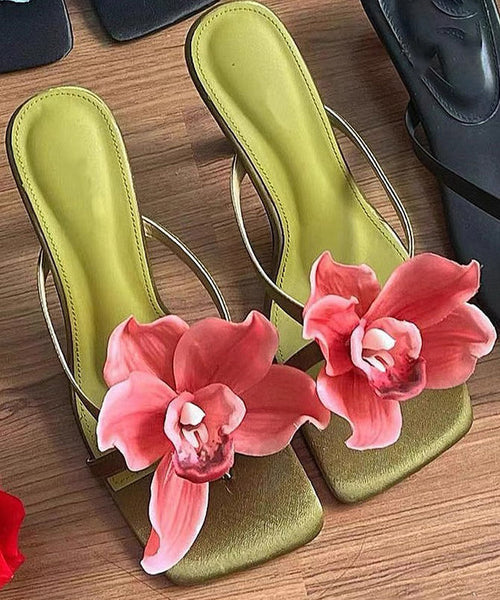 Handmade Sandals Floral Slide Heels Splicing Green High FashionChic