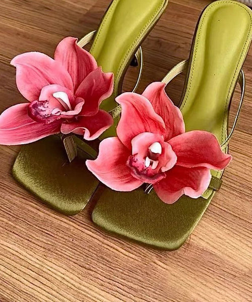 Handmade Sandals Floral Slide Heels Splicing Green High FashionChic