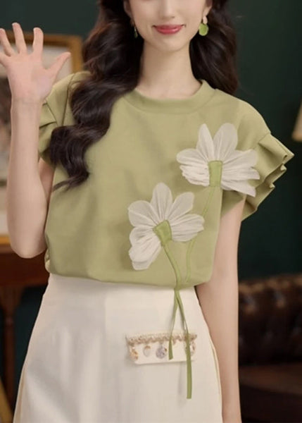 Patchwork Solid Floral Summer Cotton Shirt Green Neck T O FashionChic