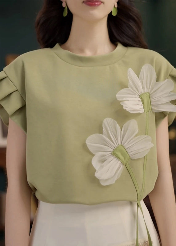 Patchwork Solid Floral Summer Cotton Shirt Green Neck T O FashionChic