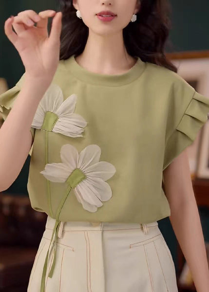 Patchwork Solid Floral Summer Cotton Shirt Green Neck T O FashionChic