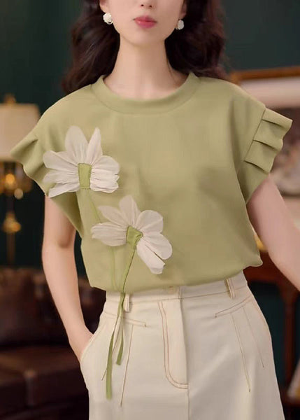 Patchwork Solid Floral Summer Cotton Shirt Green Neck T O FashionChic