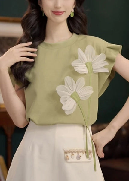 Patchwork Solid Floral Summer Cotton Shirt Green Neck T O FashionChic