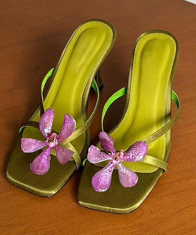 Toe Slide Floral Heels High Peep Green Sandals Splicing FashionChic