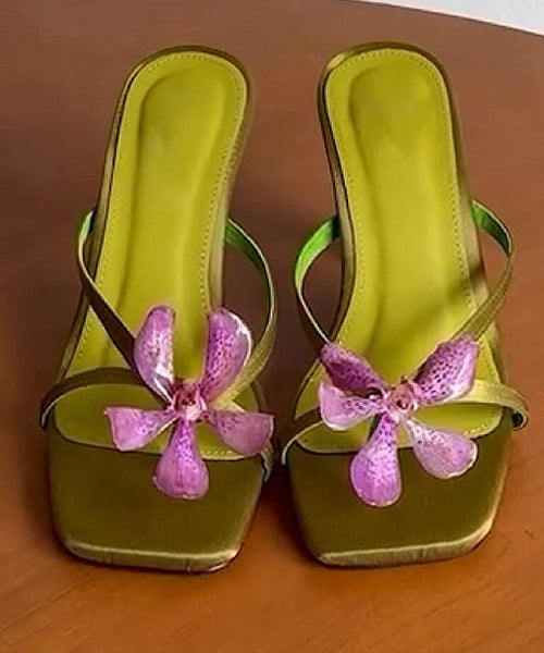 Toe Slide Floral Heels High Peep Green Sandals Splicing FashionChic