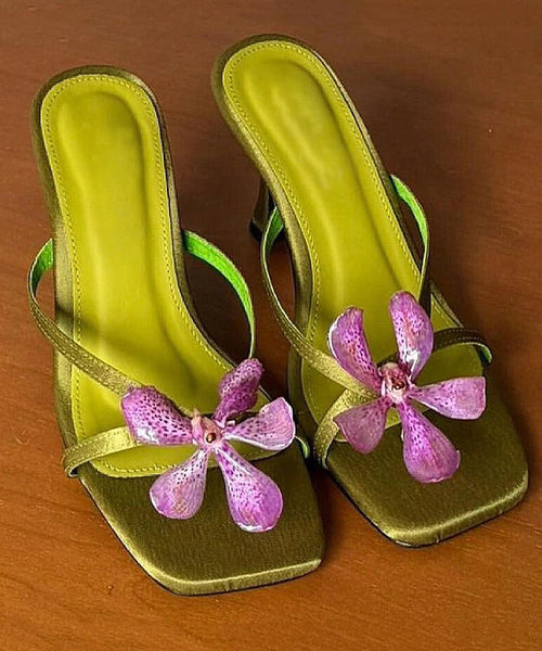 Floral Sandals Toe Peep High Slide Green Splicing Heels FashionChic