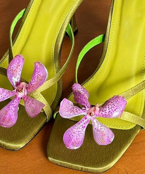 Toe Slide Floral Heels High Peep Green Sandals Splicing FashionChic