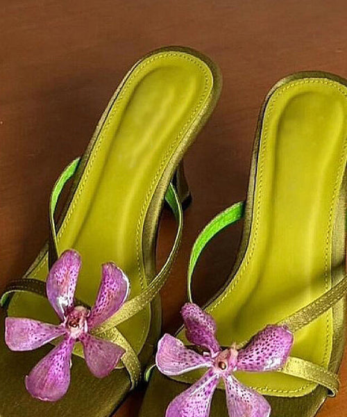 Toe Slide Floral Heels High Peep Green Sandals Splicing FashionChic