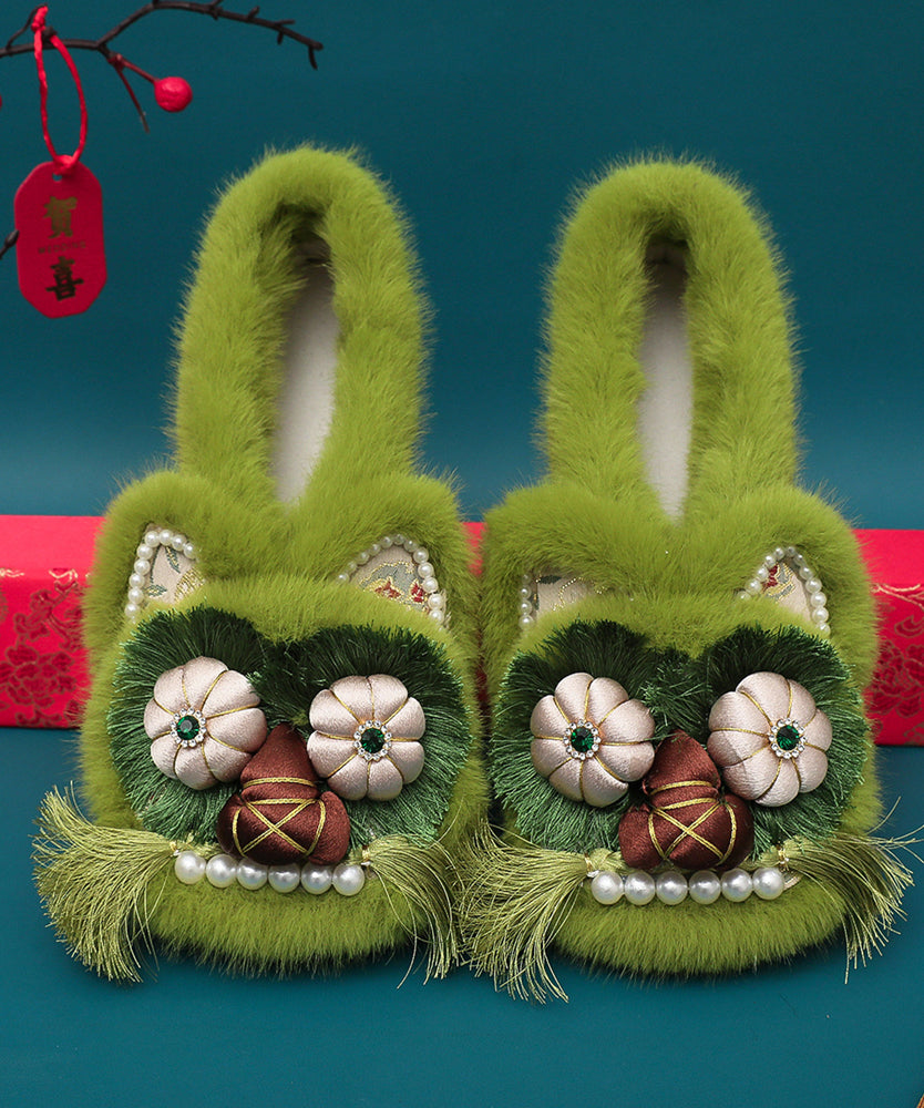 Green Fuzzy Wool Lined Retro Splicing Flat Shoes Embroidery TQ042 ABC