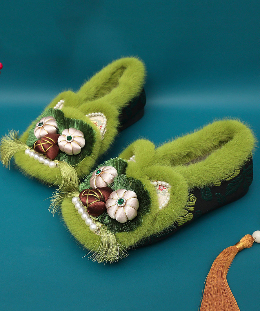 Green Fuzzy Wool Lined Retro Splicing Flat Shoes Embroidery TQ042 ABC