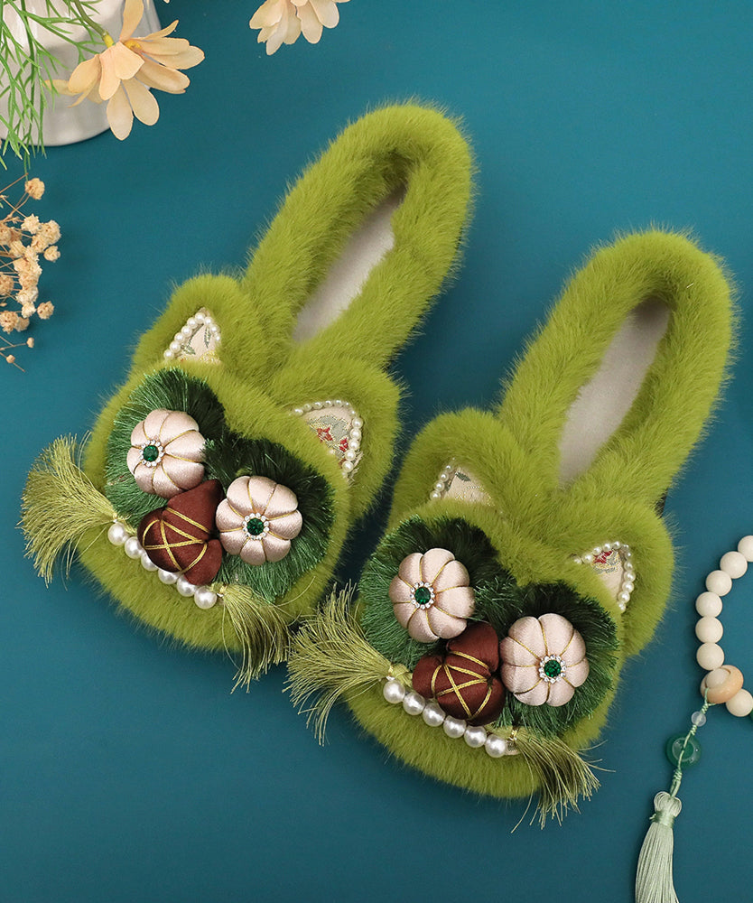 Green Fuzzy Wool Lined Retro Splicing Flat Shoes Embroidery TQ042 ABC