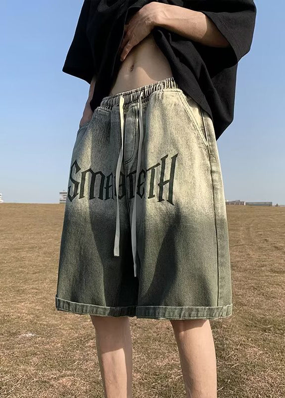 Shorts Pockets Color Green Mens Waist Gradient Elastic Letter FashionChic