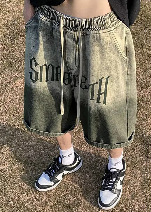 Shorts Pockets Color Green Mens Waist Gradient Elastic Letter FashionChic
