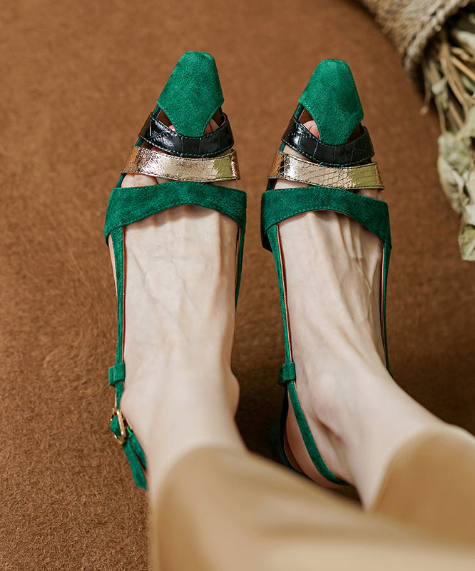 Green Hollow Out Sandals Chunky Heel Suede French Splicing XC1007 Ada Fashion
